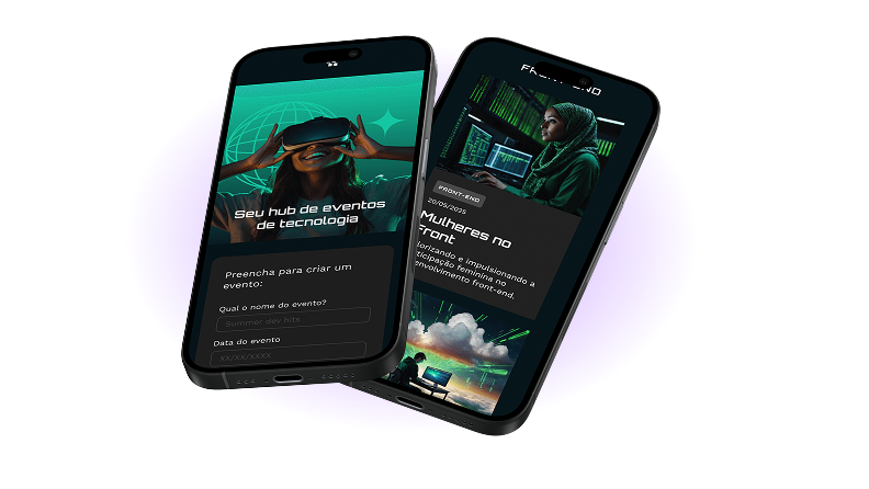 Tela do App Tecboard em dois celulares pretos sobrepostos com destaque para o hub de eventos de tecnologia.